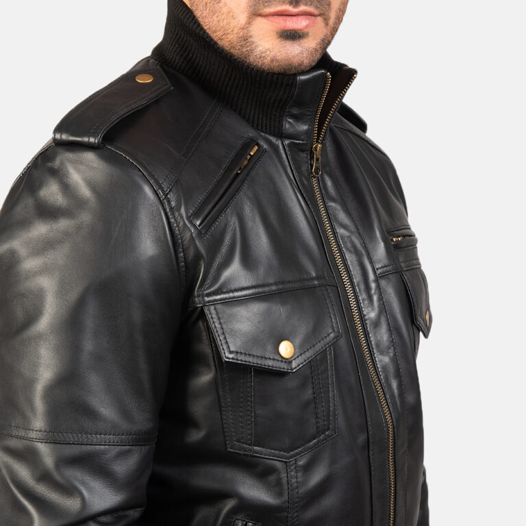 Mens Agent Shadow Black Leather Bomber Jacket7779-9-1577524446848